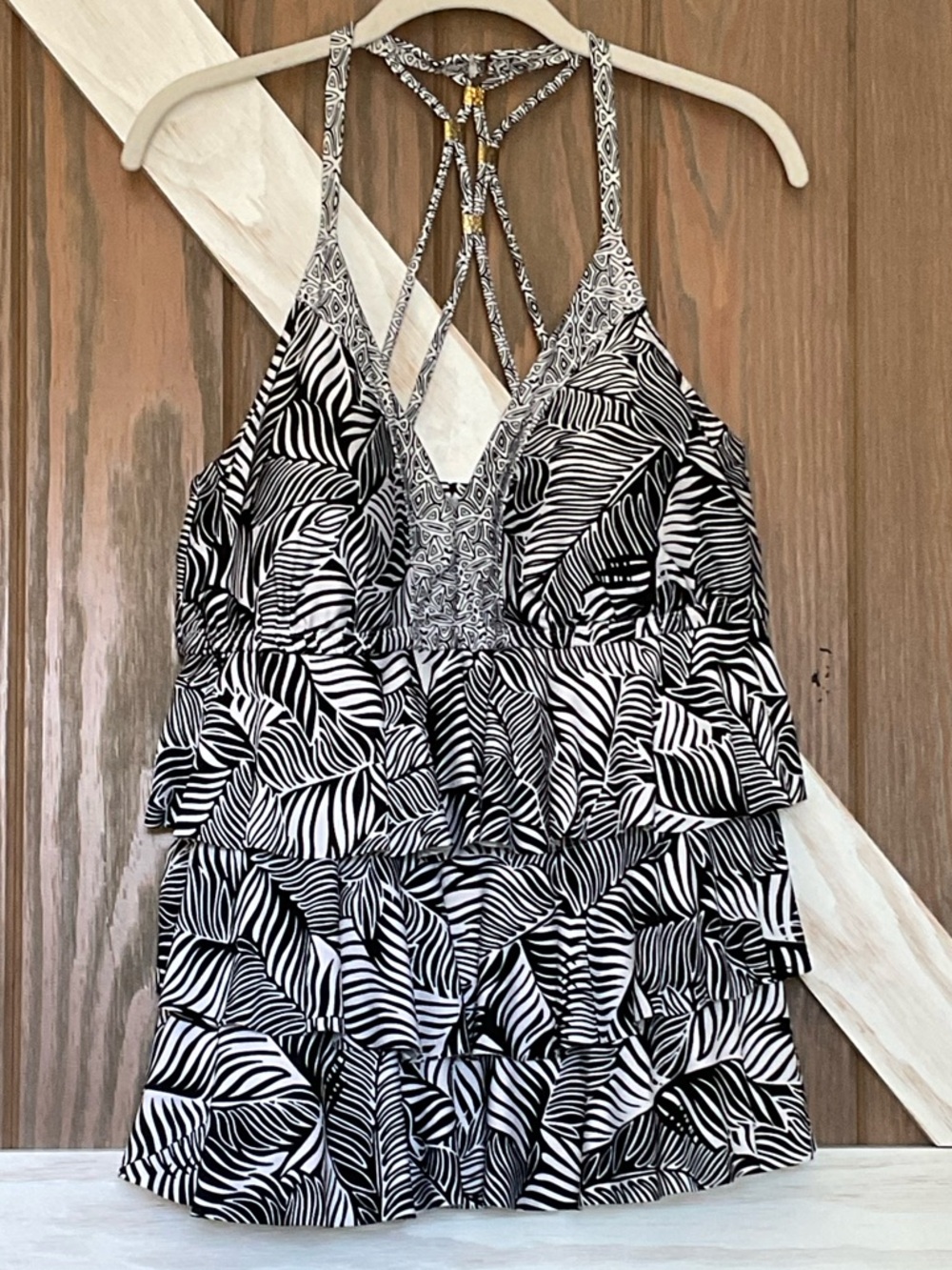 Black & White Tropical Ruffle Tankini Top | Halter Tie | Flowy Tiered | Size 2X